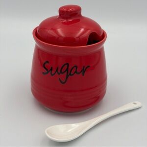 12oz Red Ceramic Sugar Bowl with Matching Lid and Serving Spoon for Kitchen